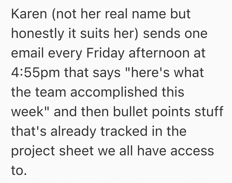Karen (not her real name but honestly it suits her) sends one email every Friday afternoon at 4:55pm that says "here's what the team accomplished this week" and then bullet points stuff that's already tracked in the project sheet we all have access to.