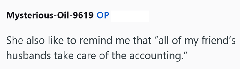 Mysterious-Oil-9619 OP She also like to remind me that "all of my friend's husbands take care of the accounting."