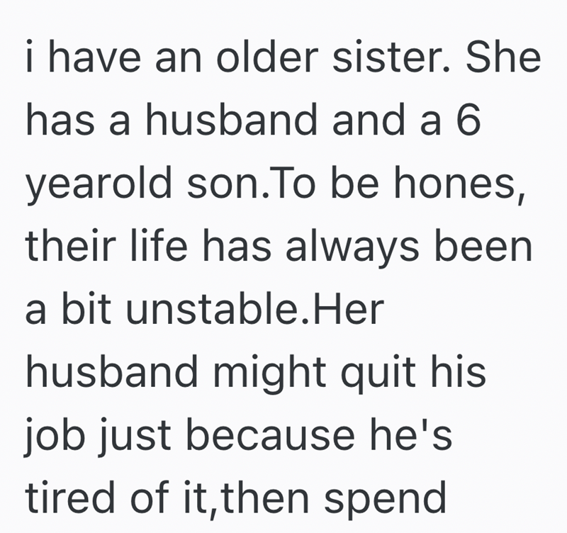 i have an older sister. She has a husband and a 6 yearold son.To be hones, their life has always been a bit unstable.Her husband might quit his job just because he's tired of it, then spend