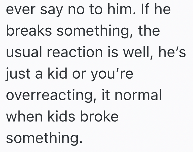 ever say no to him. If he breaks something, the usual reaction is well, he's just a kid or you're overreacting, it normal when kids broke something.