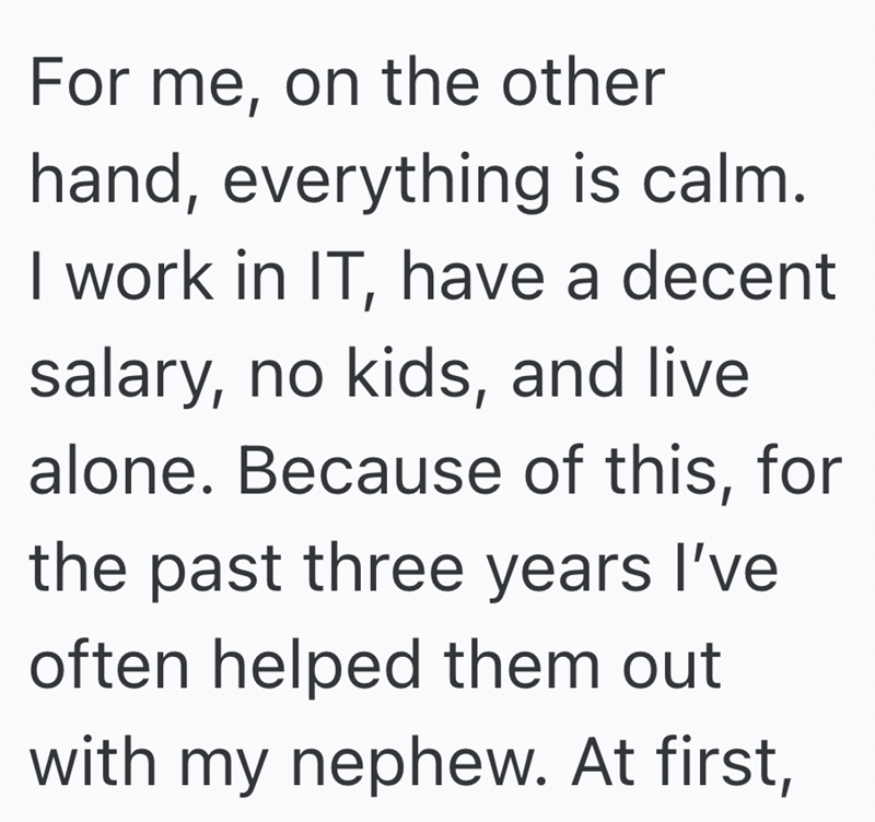 For me, on the other hand, everything is calm. I work in IT, have a decent salary, no kids, and live alone. Because of this, for the past three years I've often helped them out with my nephew. At first,