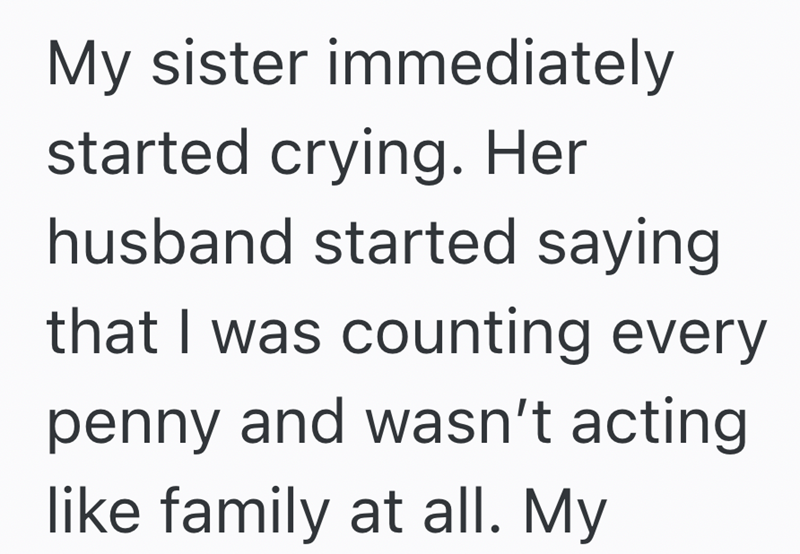 My sister immediately started crying. Her husband started saying that I was counting every penny and wasn't acting like family at all. My