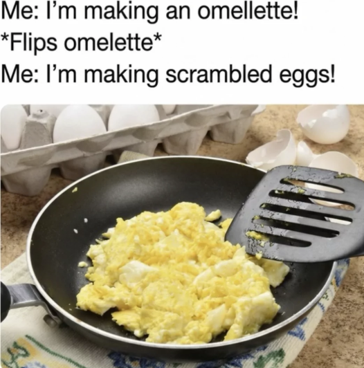 Me: I'm making an omellette! *Flips omelette* Me: I'm making scrambled eggs!