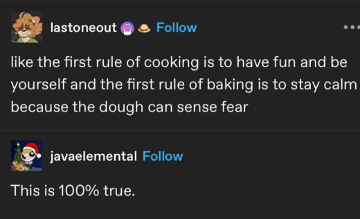 lastoneout Follow like the first rule of cooking is to have fun and be yourself and the first rule of baking is to stay calm because the dough can sense fear javaelemental Follow This is 100% true.