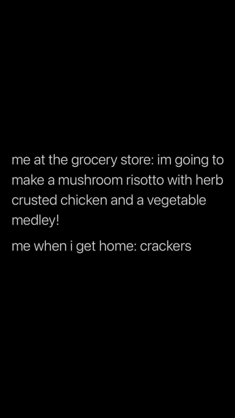 me at the grocery store: im going to make a mushroom risotto with herb crusted chicken and a vegetable medley! me when i get home: crackers