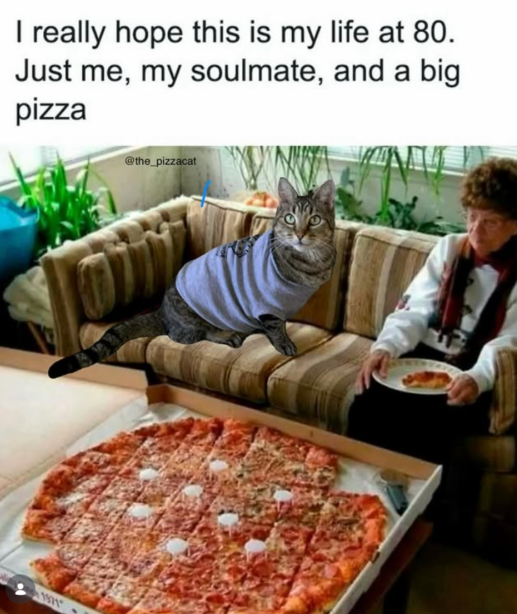 I really hope this is my life at 80. Just me, my soulmate, and a big pizza 1971 @the_pizzacat