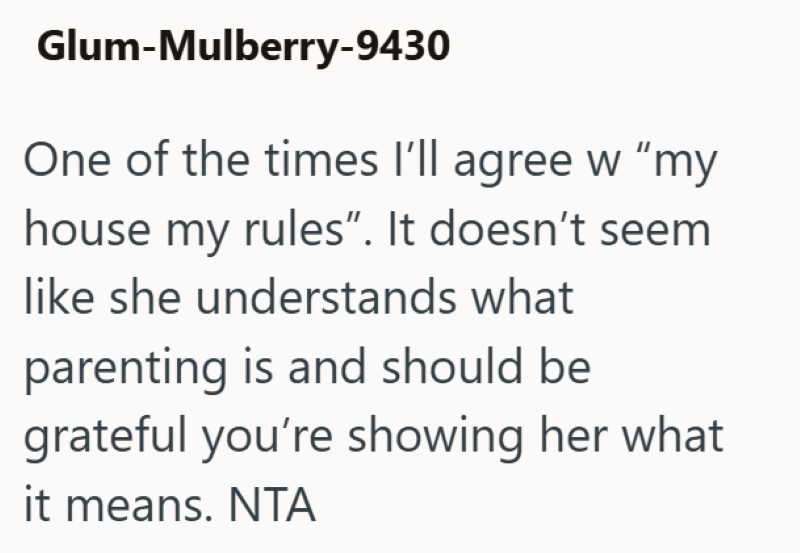 Glum-Mulberry-9430 One of the times I'll agree w "my house my rules". It doesn't seem like she understands what parenting is and should be grateful you're showing her what it means. NTA