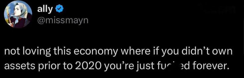 ally @missmayn not loving this economy where if you didn't own assets prior to 2020 you're just fured forever.