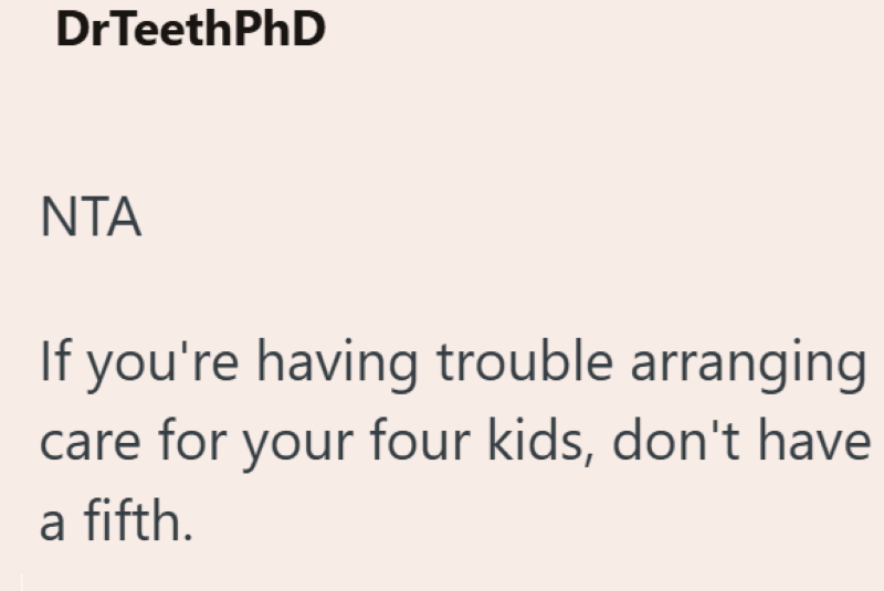 DrTeethPhD NTA If you're having trouble arranging care for your four kids, don't have a fifth.
