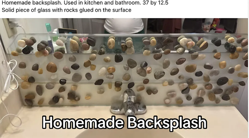 Homemade backsplash. Used in kitchen and bathroom. 37 by 12.5 Solid piece of glass with rocks glued on the surface Homemade Backsplash