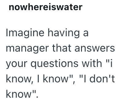 nowhereiswater Imagine having a manager that answers your questions with "i know, I know", "I don't know".