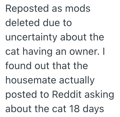 Reposted as mods deleted due to uncertainty about the cat having an owner. I found out that the housemate actually posted to Reddit asking about the cat 18 days