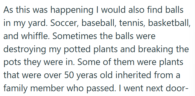 As this was happening I would also find balls in my yard. Soccer, baseball, tennis, basketball, and whiffle. Sometimes the balls were destroying my potted plants and breaking the pots they were in. Some of them were plants that were over 50 yeras old inherited from a family member who passed. I went next door-