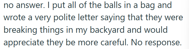 no answer. I put all of the balls in a bag and wrote a very polite letter saying that they were breaking things in my backyard and would appreciate they be more careful. No response.