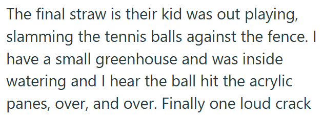 The final straw is their kid was out playing, slamming the tennis balls against the fence. I have a small greenhouse and was inside watering and I hear the ball hit the acrylic panes, over, and over. Finally one loud crack