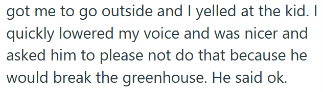 got me to go outside and I yelled at the kid. I quickly lowered my voice and was nicer and asked him to please not do that because he would break the greenhouse. He said ok.