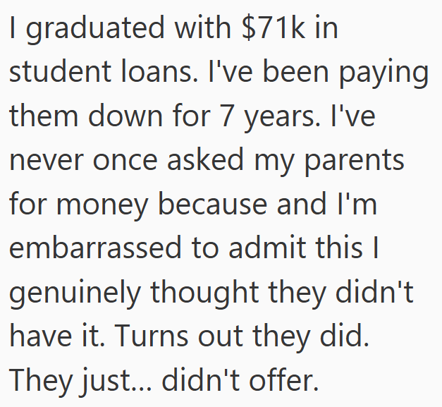 I graduated with $71k in student loans. I've been paying them down for 7 years. I've never once asked my parents for money because and I'm embarrassed to admit this I genuinely thought they didn't have it. Turns out they did. They just... didn't offer.