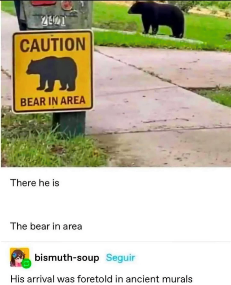2420 CAUTION BEAR IN AREA There he is The bear in area bismuth-soup Seguir His arrival was foretold in ancient murals