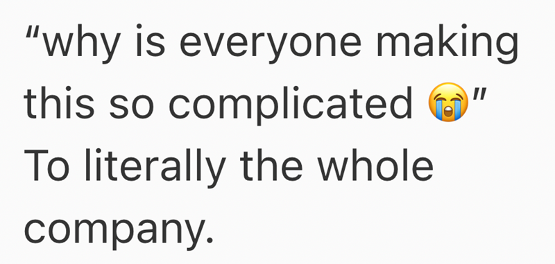 "why is everyone making this so complicated To literally the whole company.