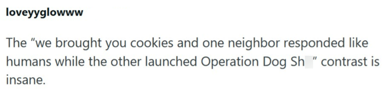 loveyyglowww The "we brought you cookies and one neighbor responded like humans while the other launched Operation Dog Sh "contrast is insane.