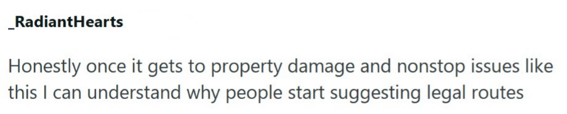 _RadiantHearts Honestly once it gets to property damage and nonstop issues like this I can understand why people start suggesting legal routes