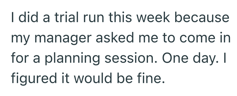 I did a trial run this week because my manager asked me to come in for a planning session. One day. I figured it would be fine.
