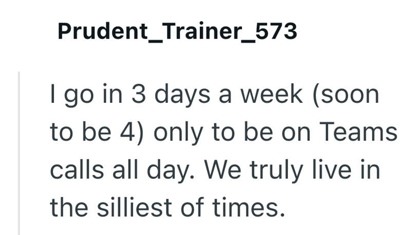 Prudent_Trainer_573 I go in 3 days a week (soon. to be 4) only to be on Teams calls all day. We truly live in the silliest of times.