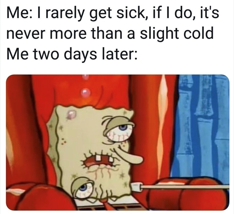 Me: I rarely get sick, if I do, it's never more than a slight cold Me two days later: