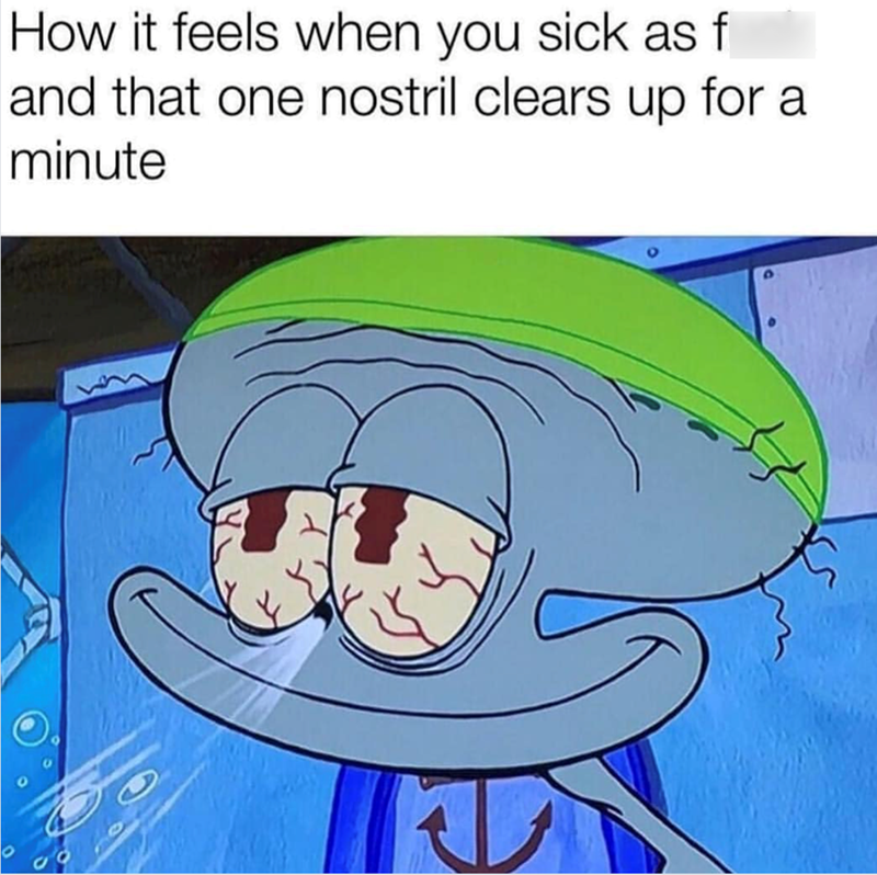 How it feels when you sick as f and that one nostril clears up for a minute