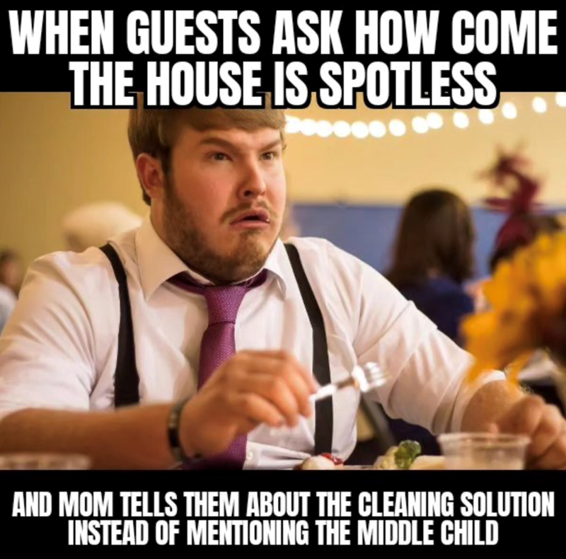 WHEN GUESTS ASK HOW COME THE HOUSE IS SPOTLESS AND MOM TELLS THEM ABOUT THE CLEANING SOLUTION INSTEAD OF MENTIONING THE MIDDLE CHILD