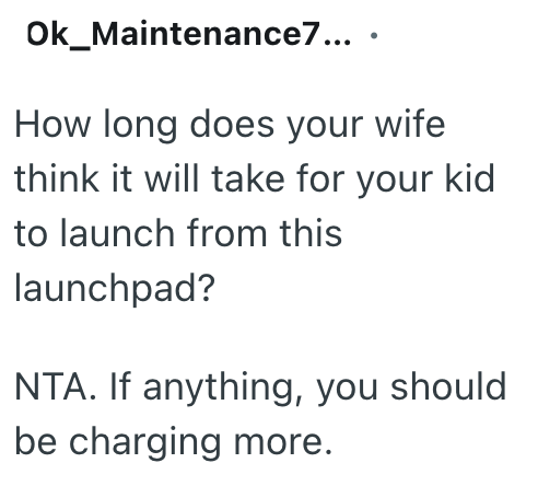 Ok_Maintenance7... . How long does your wife think it will take for your kid to launch from this launchpad? NTA. If anything, you should be charging more.