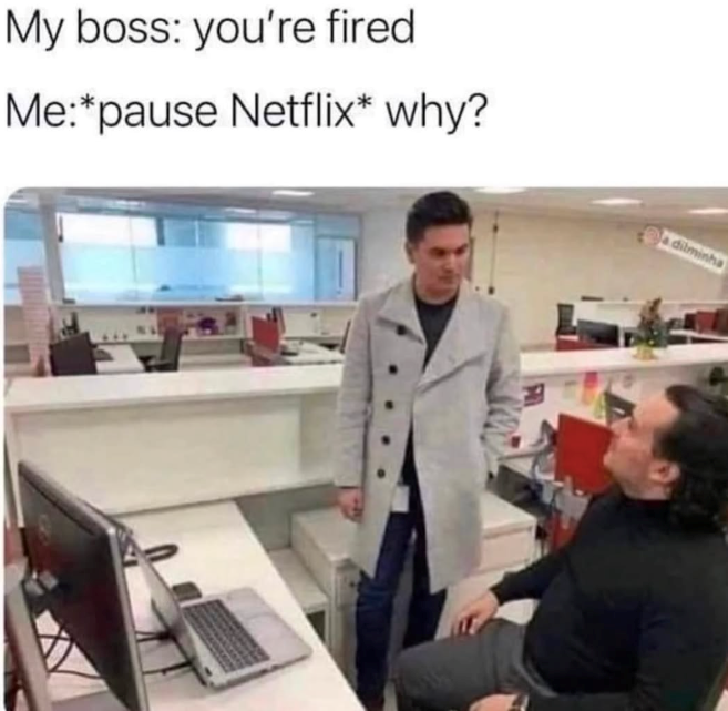 My boss: you're fired Me:*pause Netflix* why? a dilminha