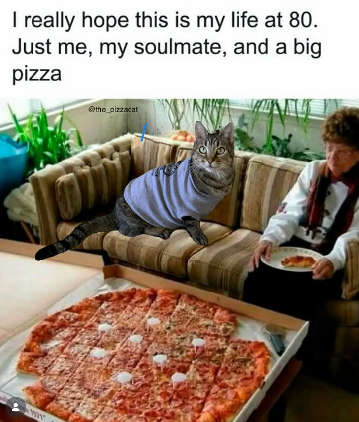 I really hope this is my life at 80. Just me, my soulmate, and a big pizza 1971 @the_pizzacat