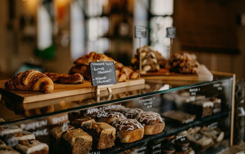 A display case of different pastries