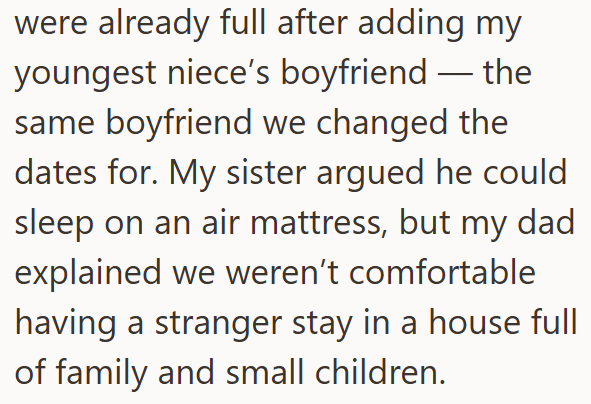 were already full after adding my youngest niece's boyfriend-the same boyfriend we changed the dates for. My sister argued he could sleep on an air mattress, but my dad explained we weren't comfortable having a stranger stay in a house full of family and small children.
