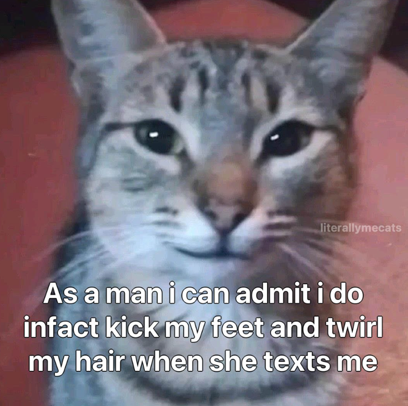 literallymecats As a man i can admit i do infact kick my feet and twirl my hair when she texts me