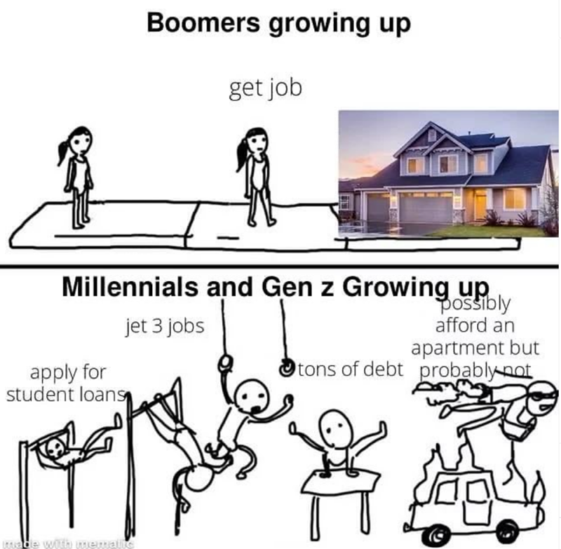 Boomers growing up get job Millennials and Gen z Growing up jet 3 jobs apply for student loans made with memalic possibly afford an apartment but tons of debt probably not