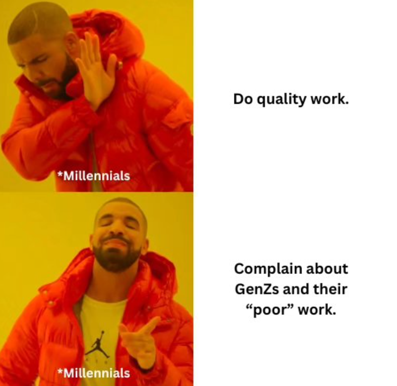 *Millennials *Millennials Do quality work. Complain about GenZs and their "poor" work.