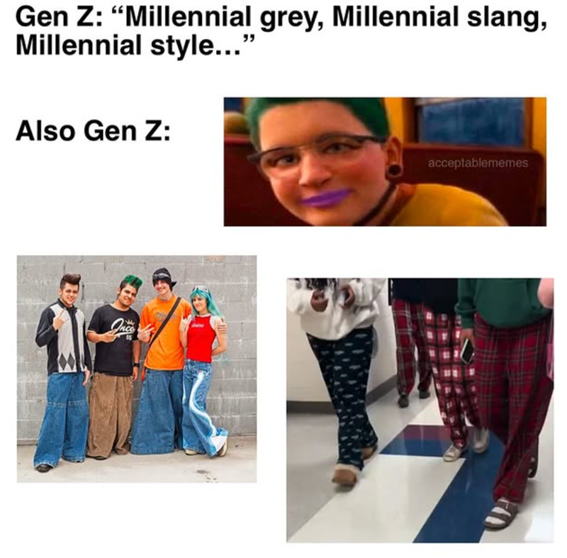 Gen Z: "Millennial grey, Millennial slang, Millennial style...' Also Gen Z: Ince acceptablememes
