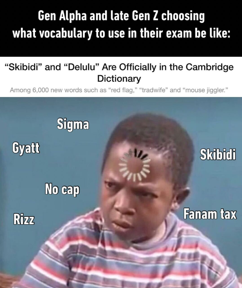 Gen Alpha and late Gen Z choosing what vocabulary to use in their exam be like: "Skibidi" and "Delulu" Are Officially in the Cambridge Dictionary Among 6,000 new words such as "red flag," "tradwife" and "mouse jiggler." Gyatt Rizz Sigma No cap Skibidi Fanam tax