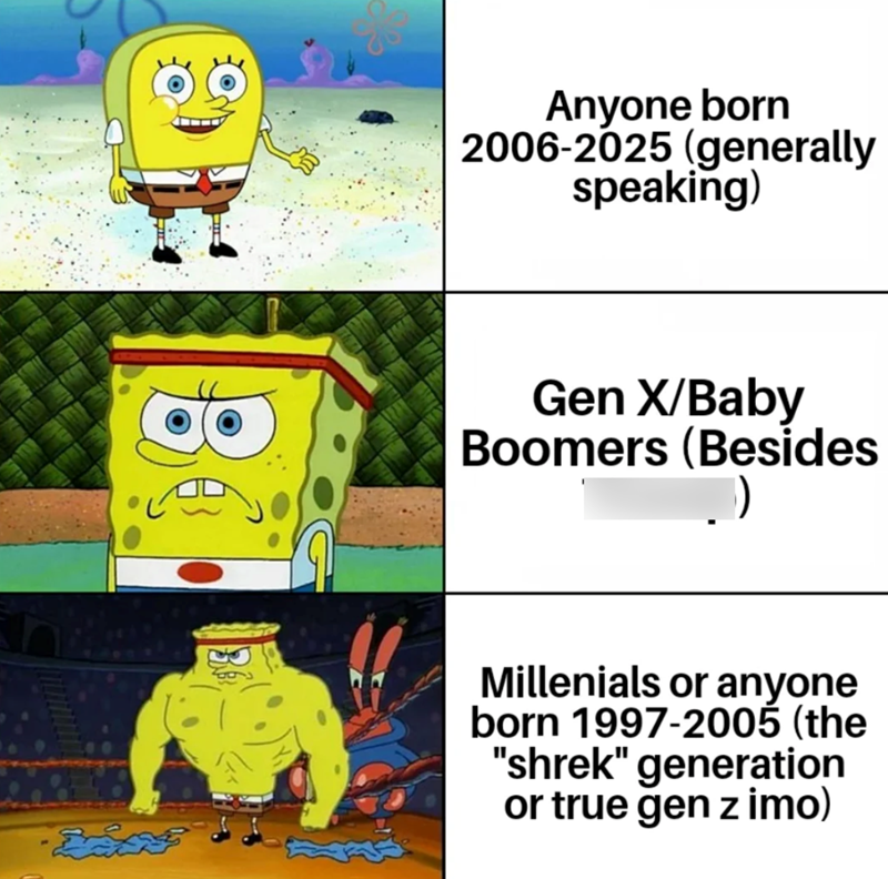 B€ Anyone born 2006-2025 (generally speaking) Gen X/Baby Boomers (Besides Millenials or anyone born 1997-2005 (the "shrek" generation or true gen z imo)
