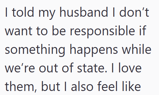 I told my husband I don't want to be responsible if something happens while we're out of state. I love them, but I also feel like