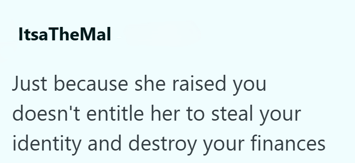 Itsa TheMal Just because she raised you doesn't entitle her to steal your identity and destroy your finances