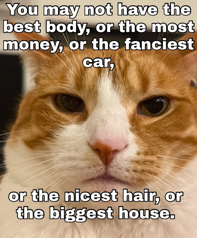 You may not have the best body, or the most money, or the fanciest car, or the nicest hair, or the biggest house.