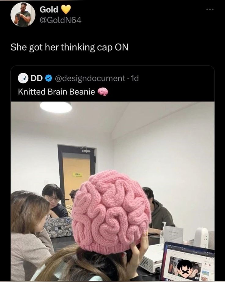 Gold @GoldN64 She got her thinking cap ON DD @designdocument. 1d Knitted Brain Beanie