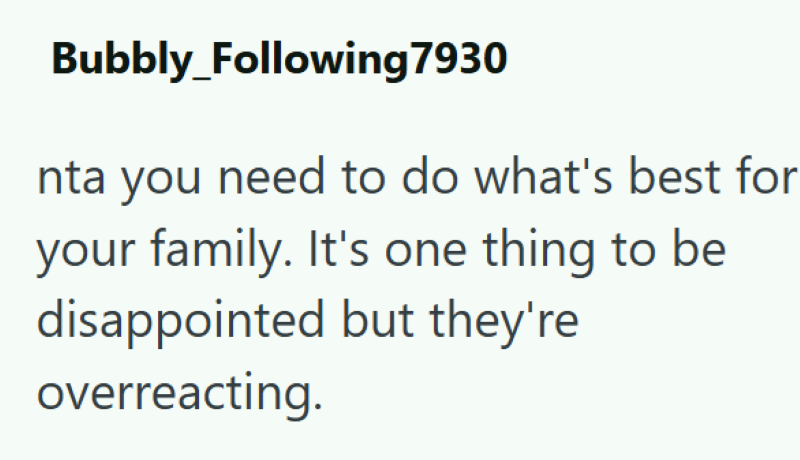 Bubbly_Following7930 nta you need to do what's best for your family. It's one thing to be disappointed but they're overreacting.