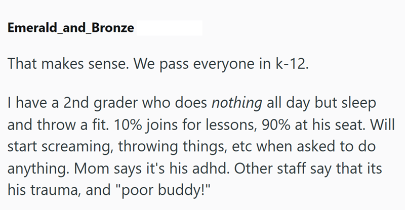 Emerald_and_Bronze That makes sense. We pass everyone in k-12. I have a 2nd grader who does nothing all day but sleep and throw a fit. 10% joins for lessons, 90% at his seat. Will start screaming, throwing things, etc when asked to do anything. Mom says it's his adhd. Other staff say that its his trauma, and "poor buddy!"