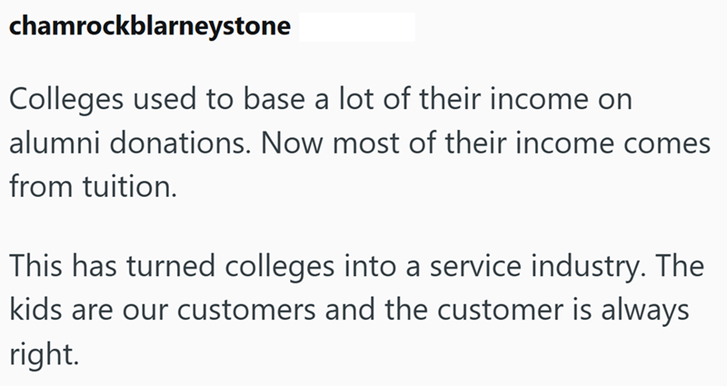 chamrockblarneystone Colleges used to base a lot of their income on alumni donations. Now most of their income comes from tuition. This has turned colleges into a service industry. The kids are our customers and the customer is always right.