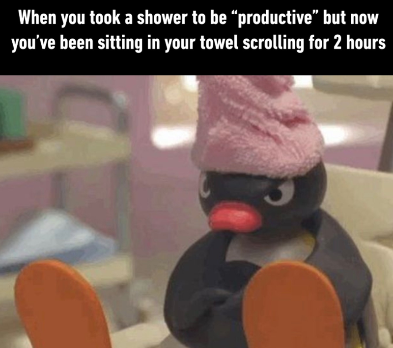 When you took a shower to be “productive" but now you've been sitting in your towel scrolling for 2 hours