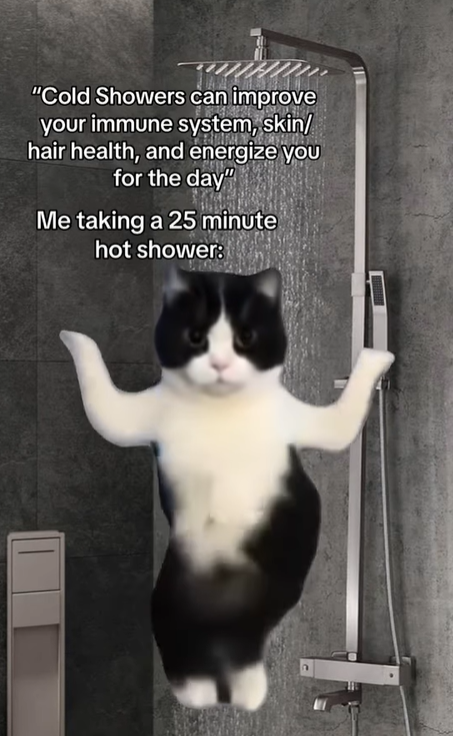 "Cold Showers can improve your immune system, skin/ hair health, and energize you for the day" Me taking a 25 minute hot shower: n